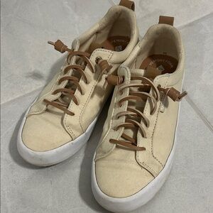 Sperry Tan Canvas Sneakers with Brown Laces